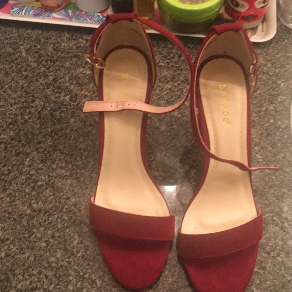 Red velvet bamboo strappy heels size 10